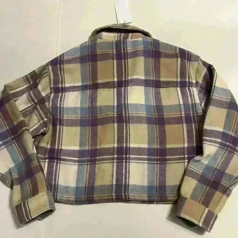 For The Republic Plaid Cropped jacket purple blue beige size medium -flannel - Picture 9 of 11